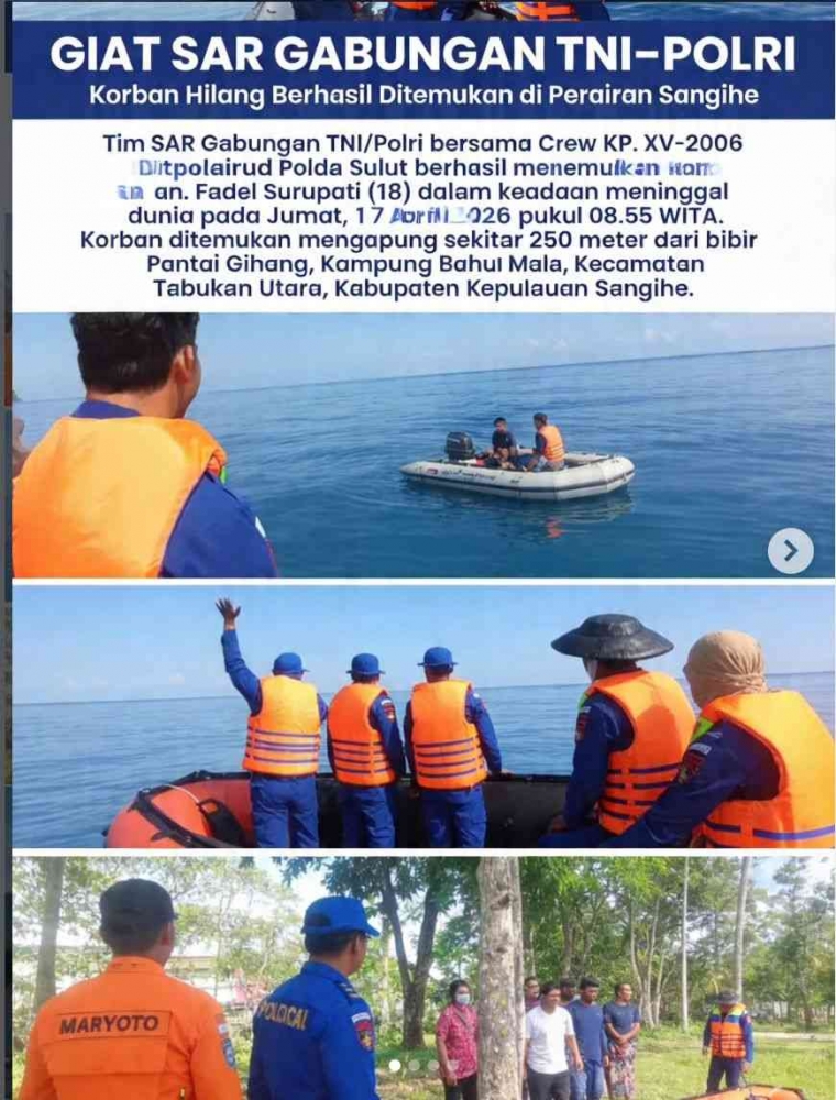 Ditpolairud Polda Sulut dan Tim Gabungan Berhasil Evakuasi Jasad Fadel Surupati di Perairan Sangihe